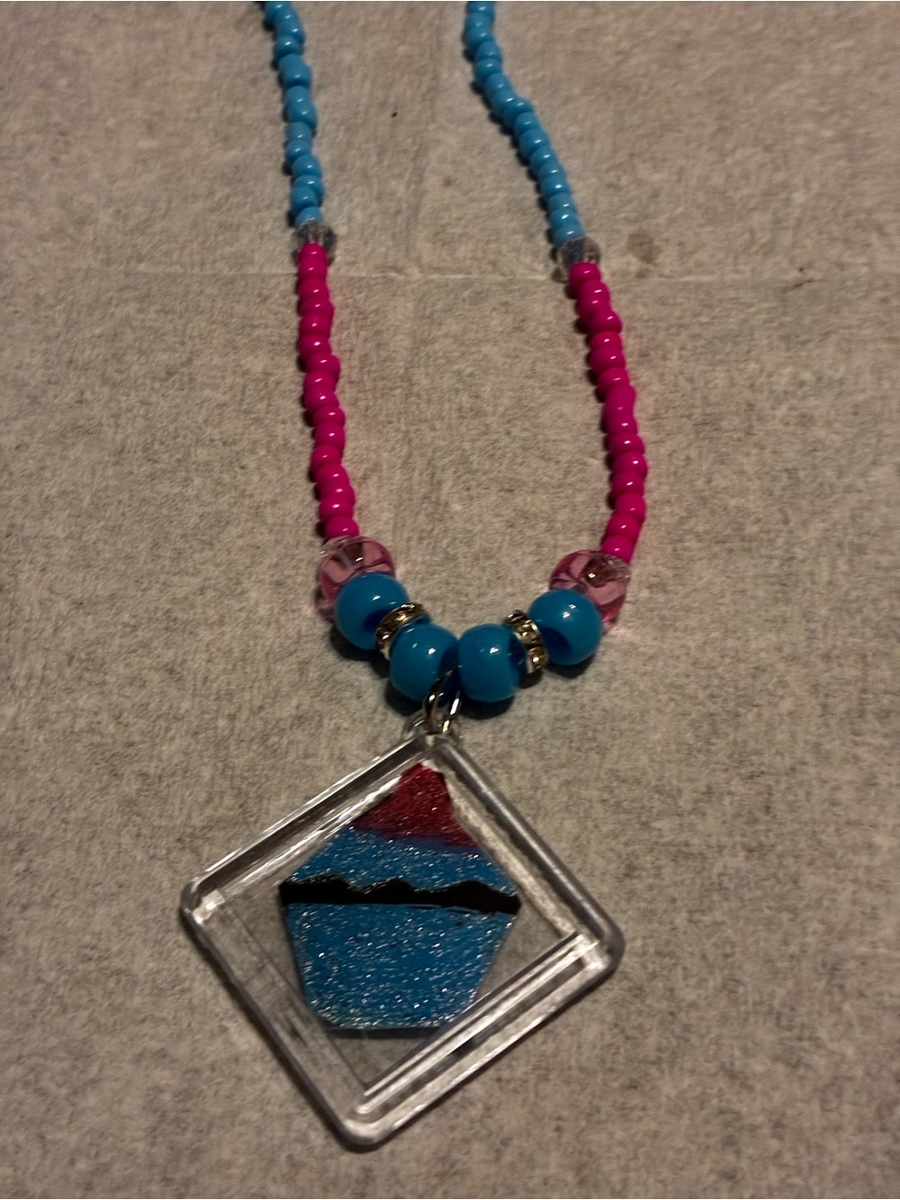 Pink and Blue Beaded Necklace with Cupcake Pendant